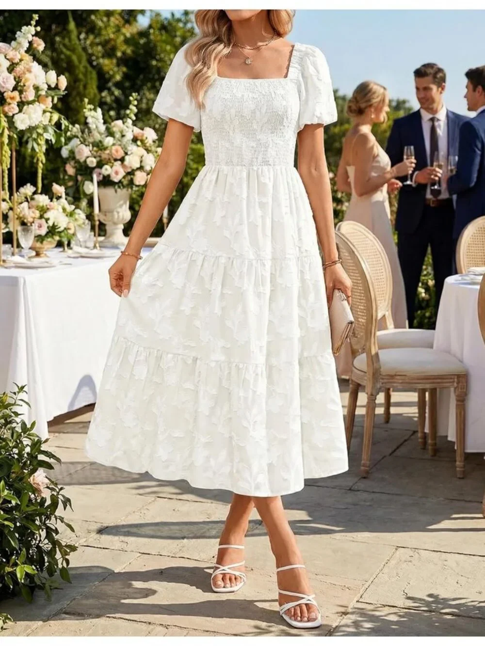 Women‘s Summer Boho Floral Midi Dress White Short Sleeve Square Neck Flowy Beach
